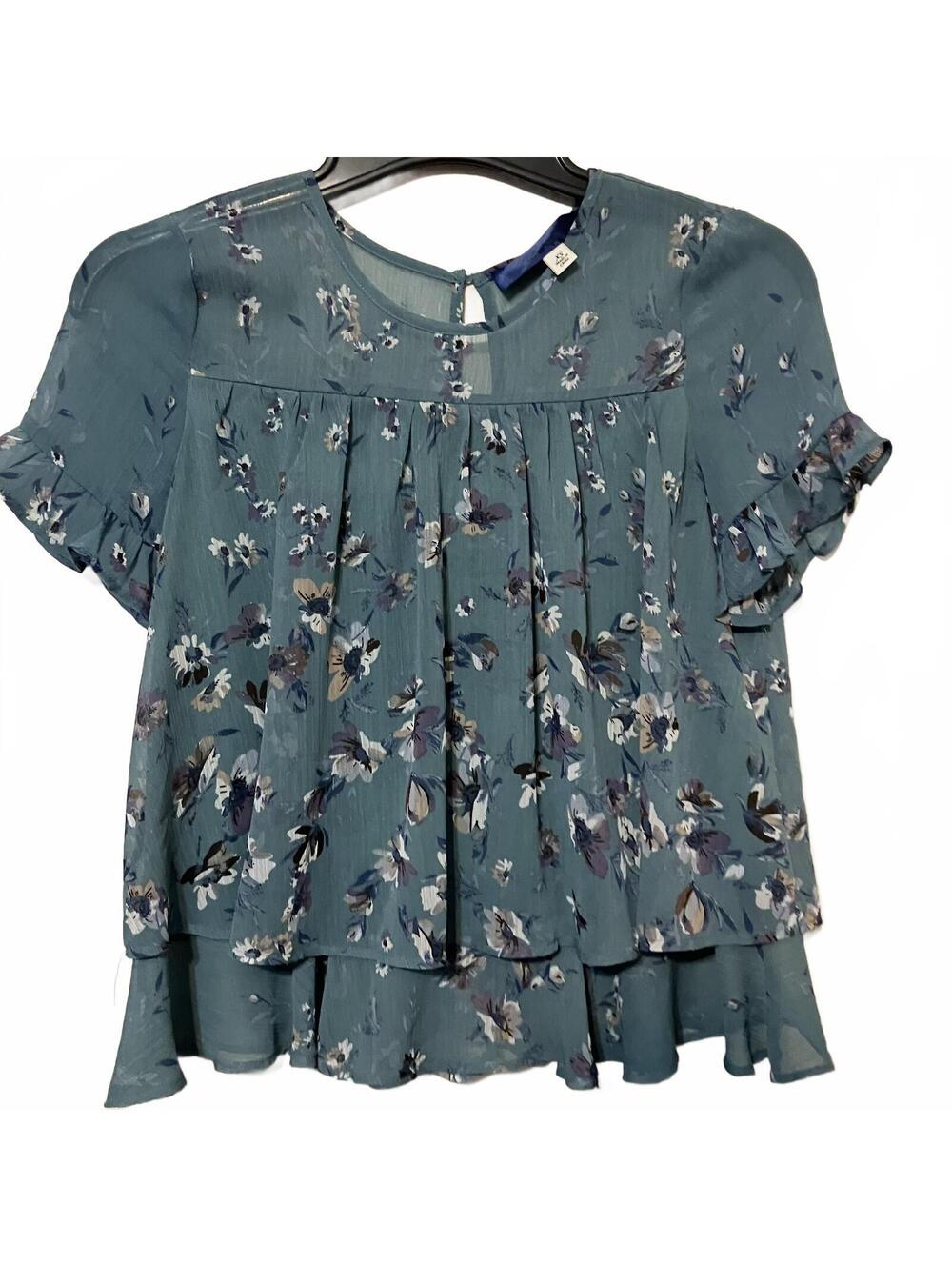 Perla Lightweight Blue Floral Ruffled Sleeve Cottagecore Romantic Blouse Size XS